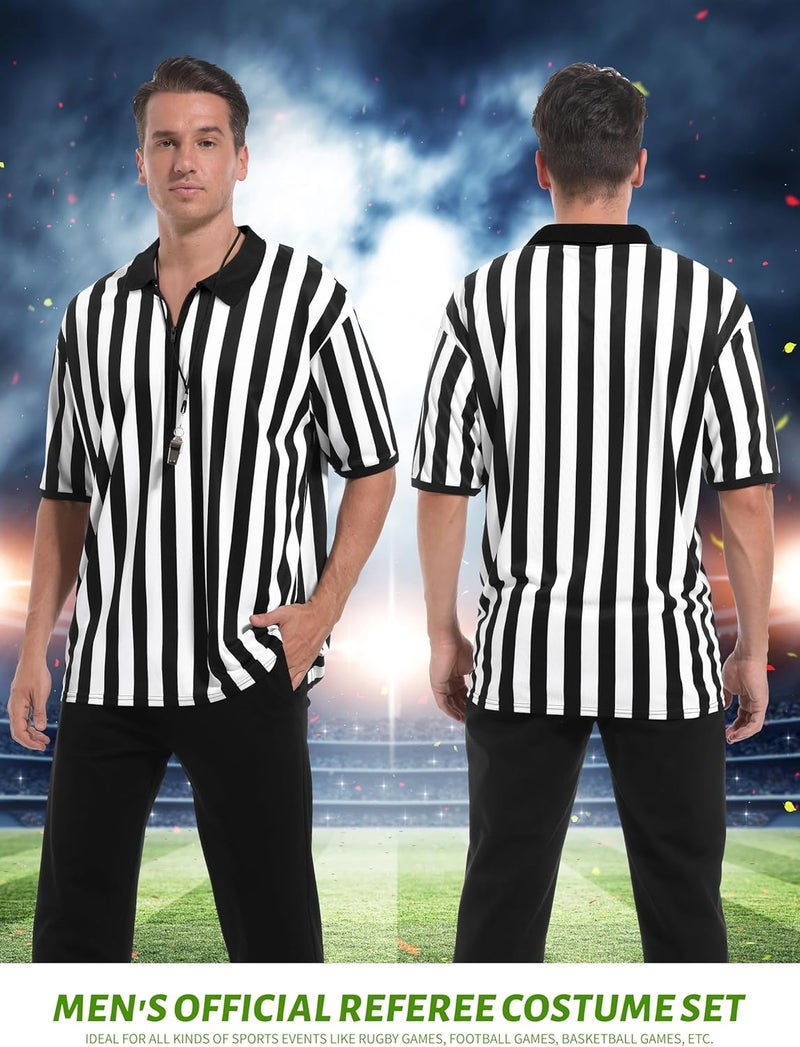 FancyFun Store 4 Pcs Referee Shirt, Ref Shirt Zipper Collar Referee Costume Men Women Ref Whistle Hat Penalty Flag for Football Soccer - Image 5